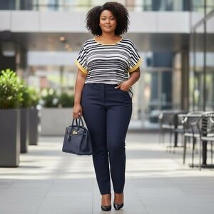 Diana Belle Navy White Striped Top 1X Mustard Trim Stretch Short Sleeve